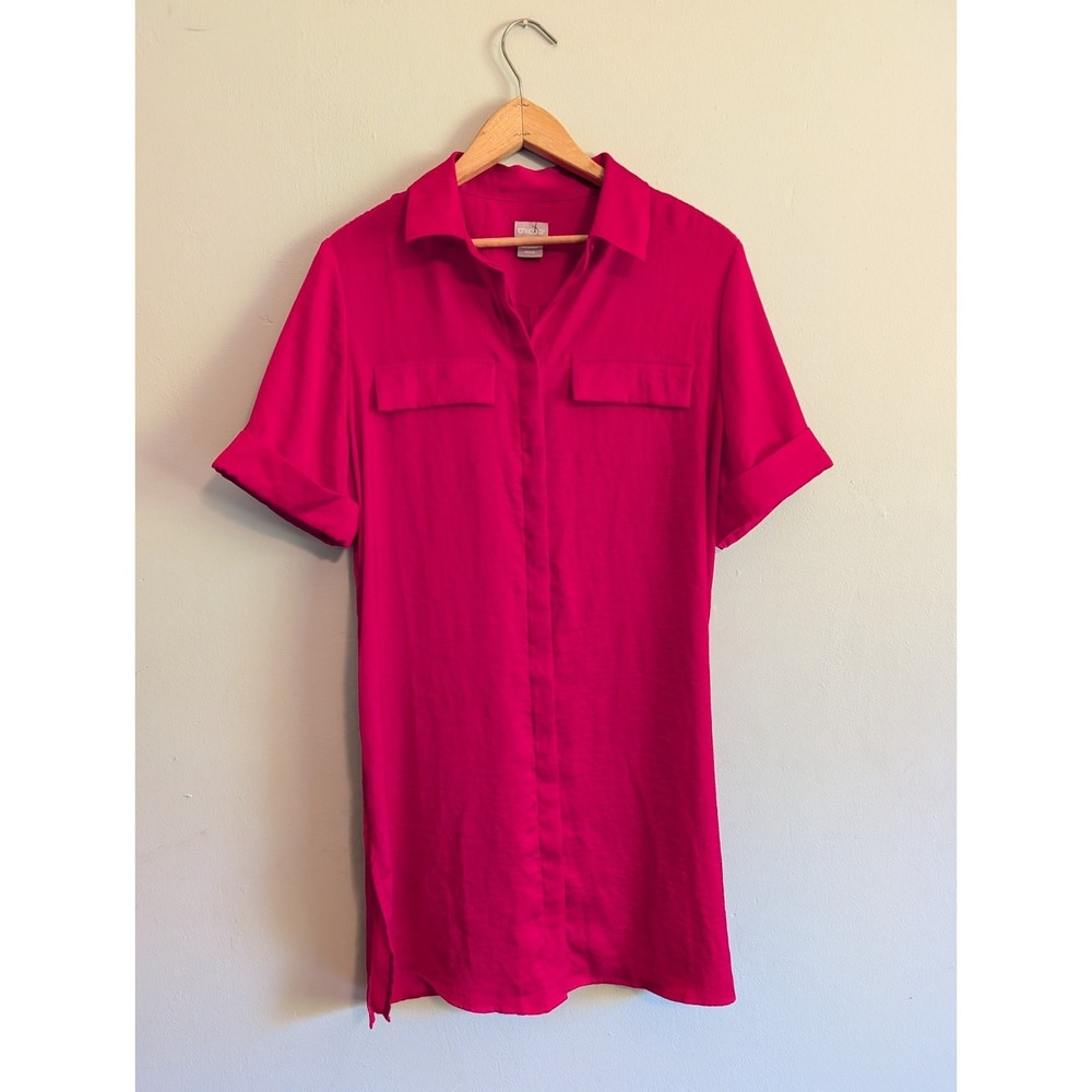 Chico's 1 Tunic Shirt Button Down Red Short Sleeve Flap Pocket Satin Flowy Light